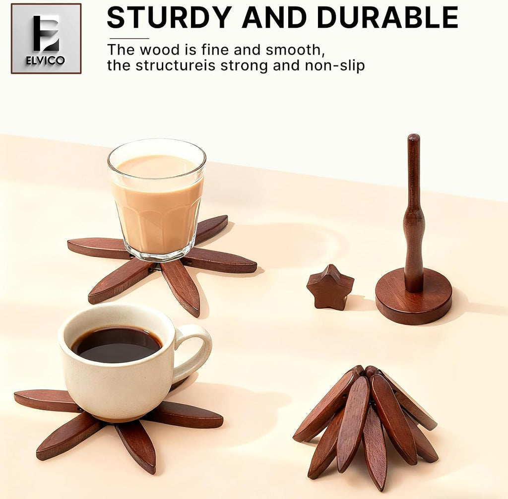 Wooden Trivets for Hot Dishes, Wooden Tree Trivet + 1 Stand - Set of 4
