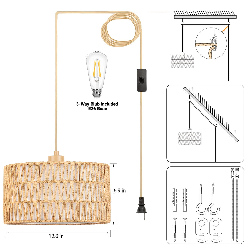 Boho Plug in Pendant Light, Handwoven Shade, 3 Way Bulb, 14ft Cord