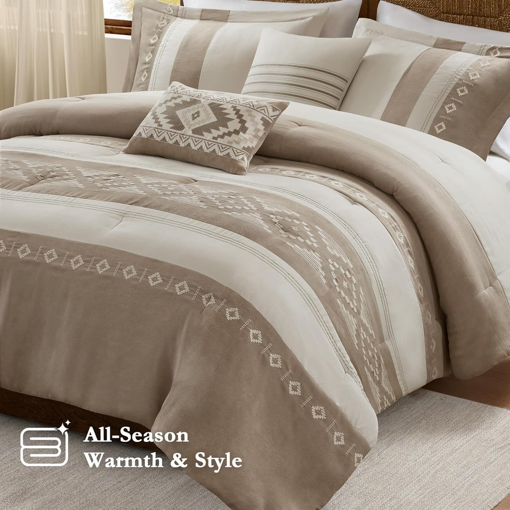 Queen Comforter Set - Sutherland 5-Piece Microsuede Embroidered Bedding Set with Decorative Pillows, Taupe