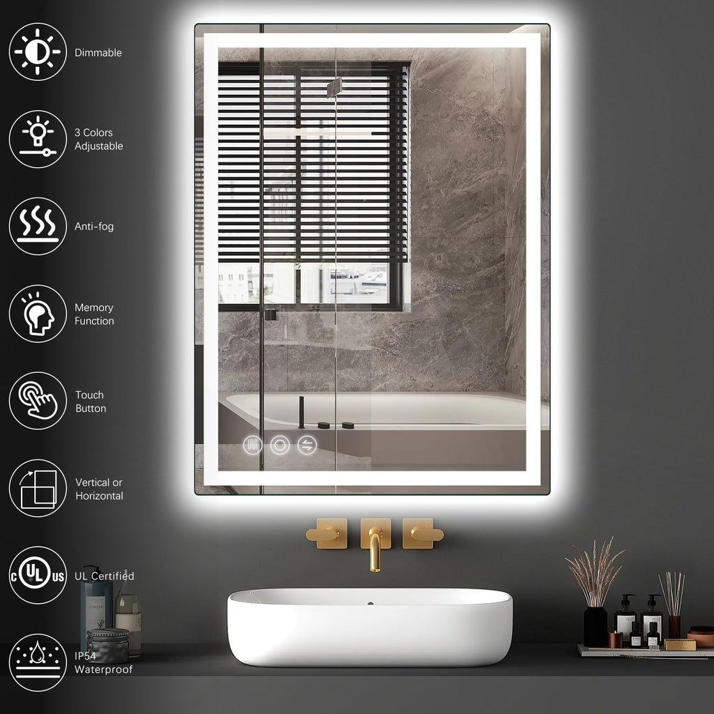 24" x 36" LED Bathroom Mirror with Lights, Memory Vanity Mirror