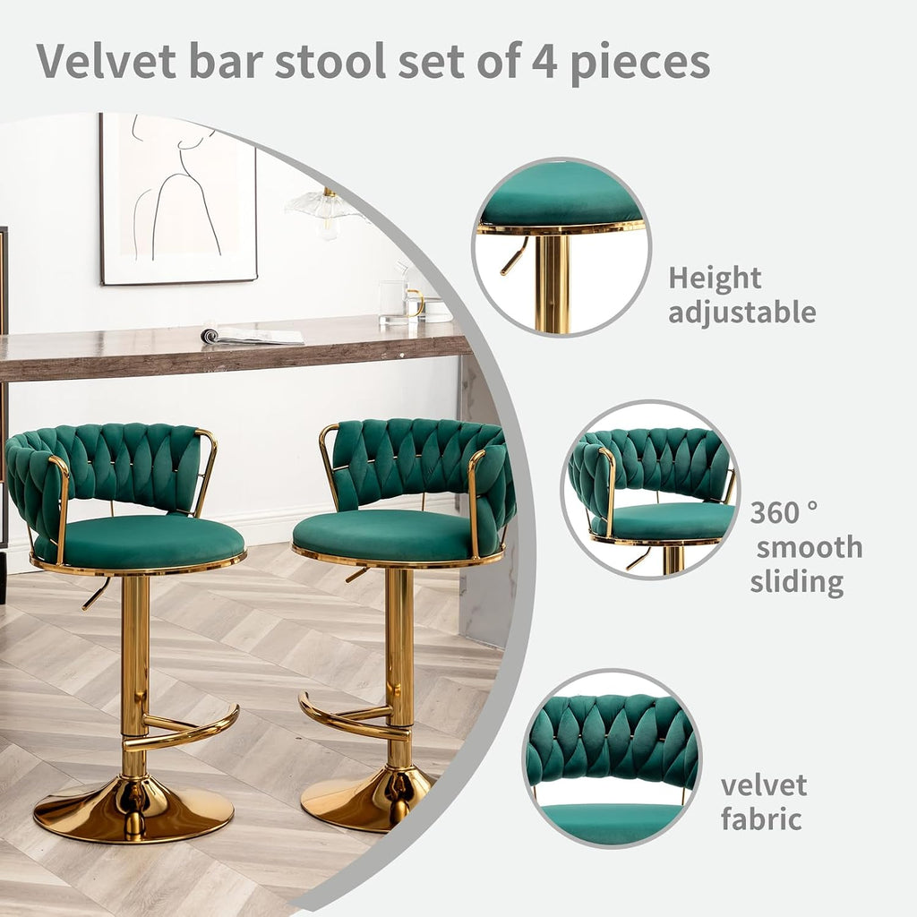 Gold Bar Stools Set of 4, Counter Height Bar Stools with Low Back, Velvet Adjustable Height Barstools, 360° Swivel