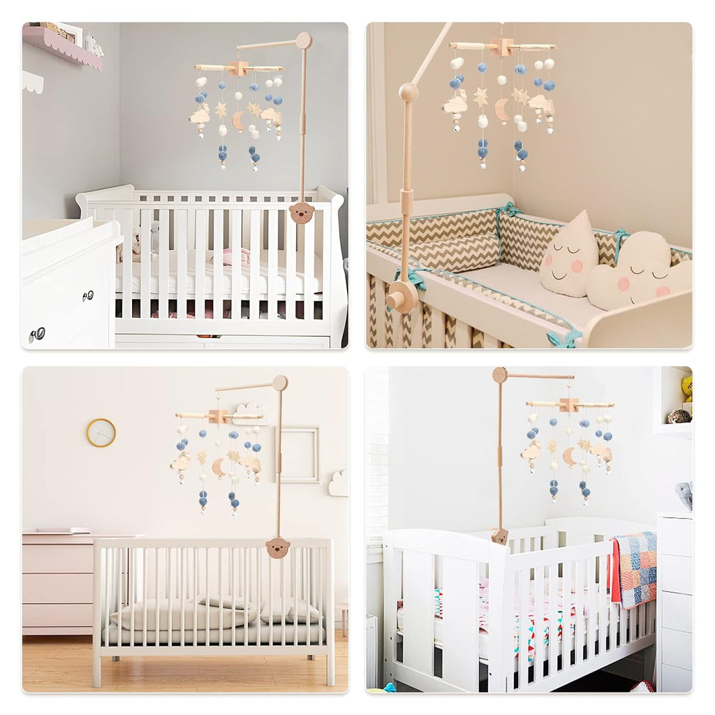Boho Baby Crib Mobile Decor - Wooden Moon and Stars Nursery Mobiles with Cloud for Bassinet Starry Night Soft Felt