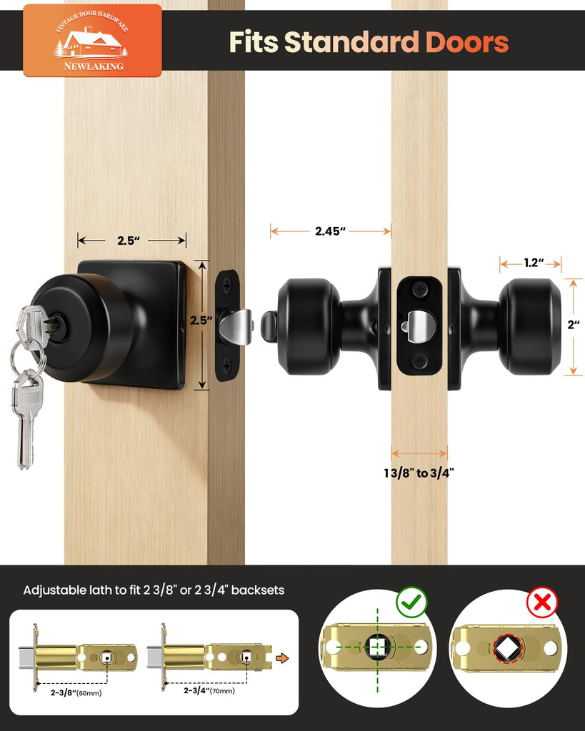 Keyed Alike Black Entry Door Knobs, DoorKnobs with Lock and Key, 1 Pack