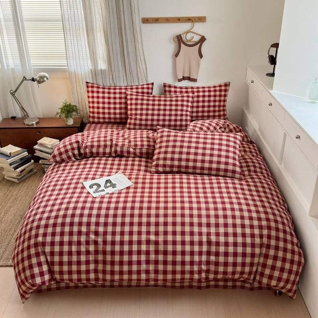 Red Gingham Duvet Cover Bedding Set 100% Washed Cotton Beige Plaid Checkered Duvet Cover 3pcs