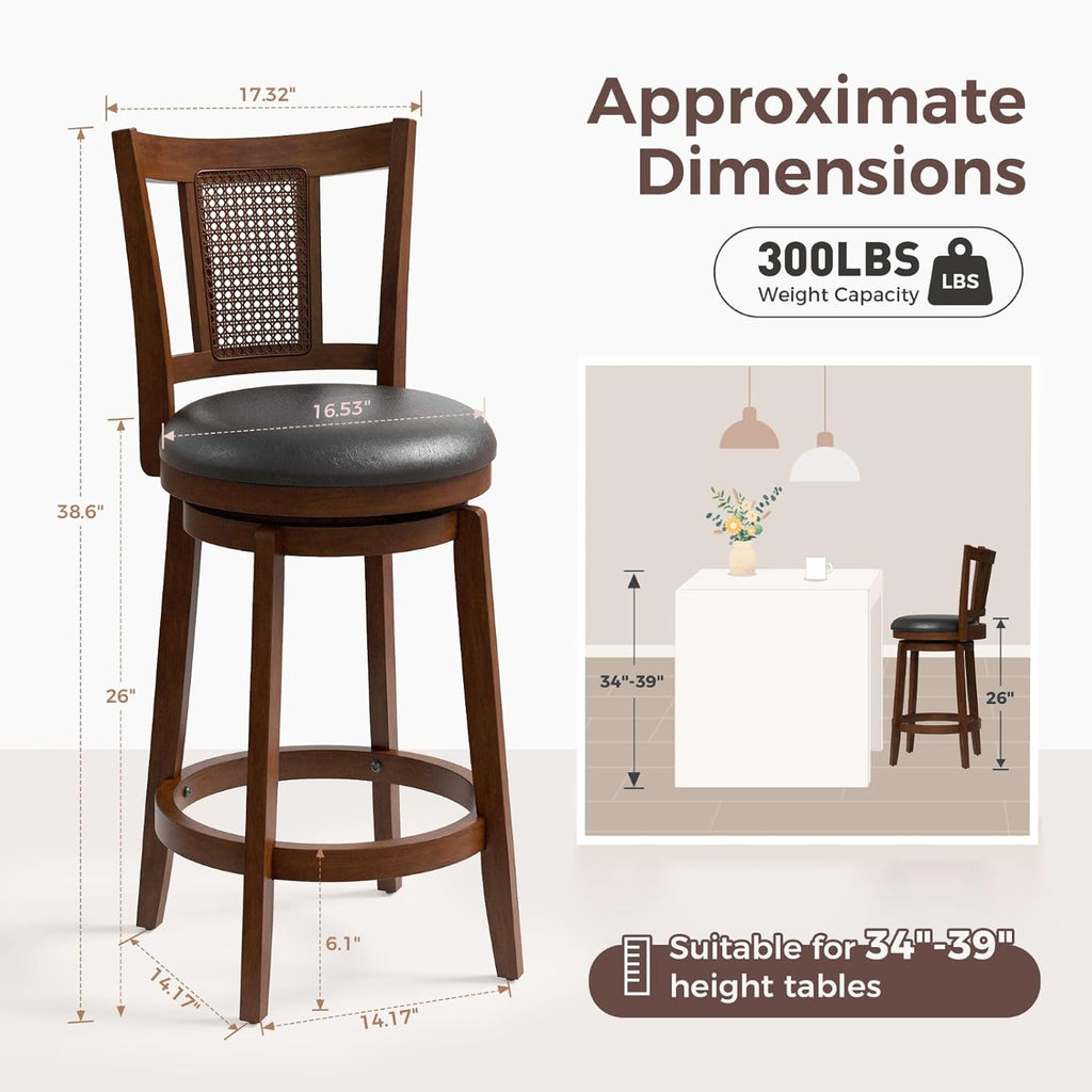 Swivel Bar Stools Set of 4, 26 Inch Counter Height Bar Stools, PU Leather Wood Bar Chairs with Backrest & Wrap-Around