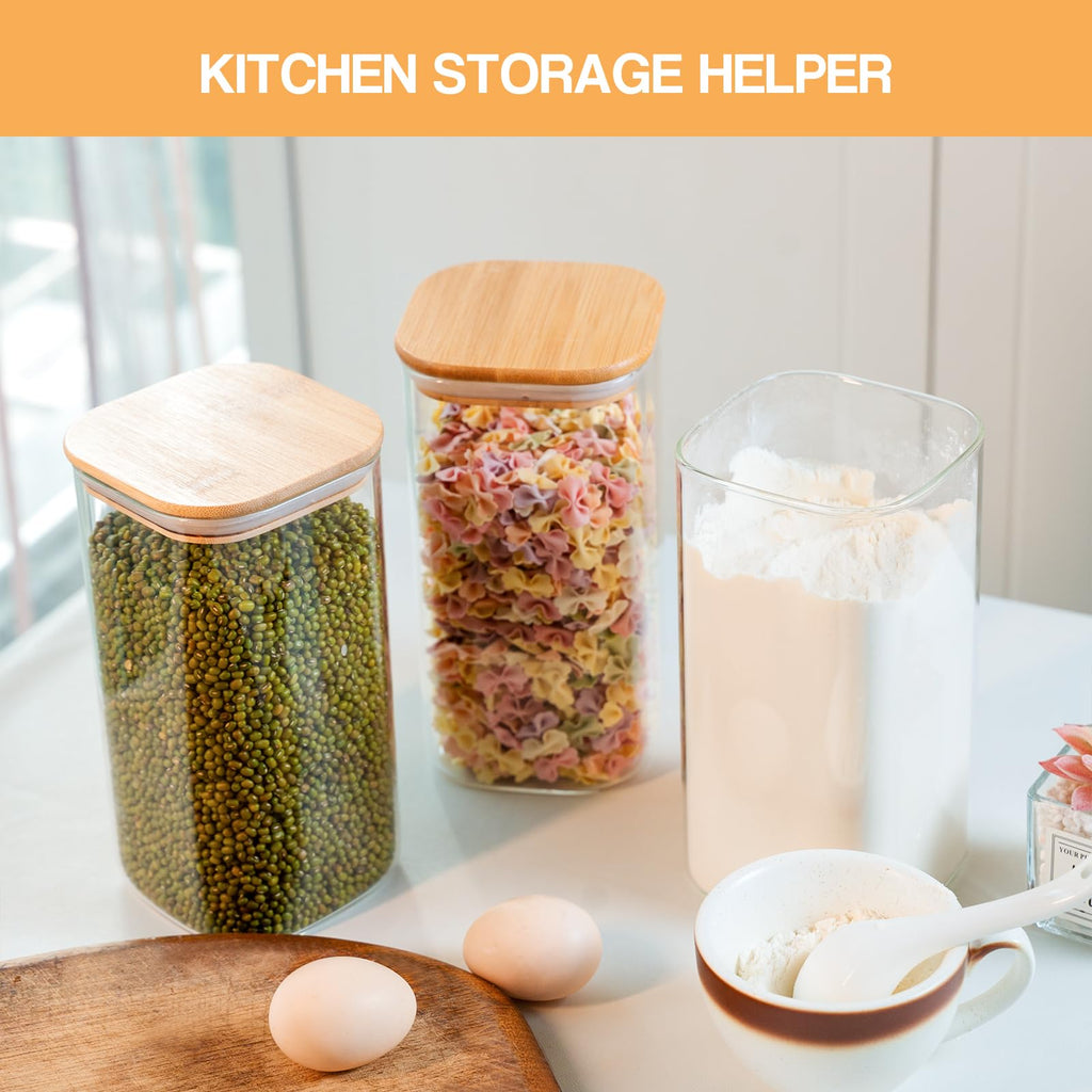 Glass Storage Jars 6 Pack -50oz (10cmx20cm)Clear Glass Food Storage Containers with Airtight Bamboo Lid Stackable