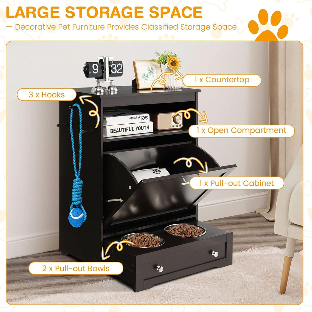 Pet Feeder Station, Dog Food Storage Container With Double Pull Out Bowls, Food Toy Organizer Cabinet, Feeding