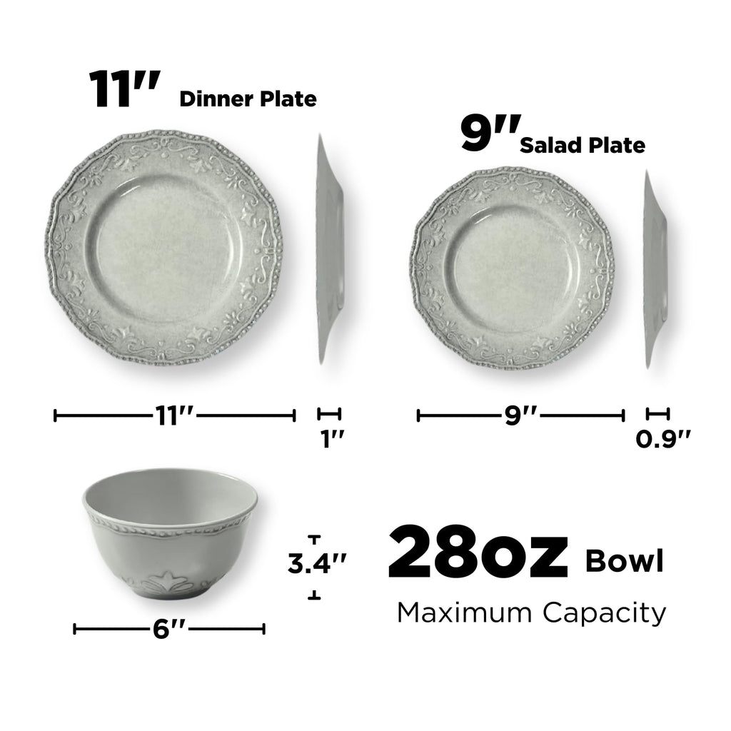 TP 12-Piece Melamine Dinnerware Sets, Service for 4, Relief Grey
