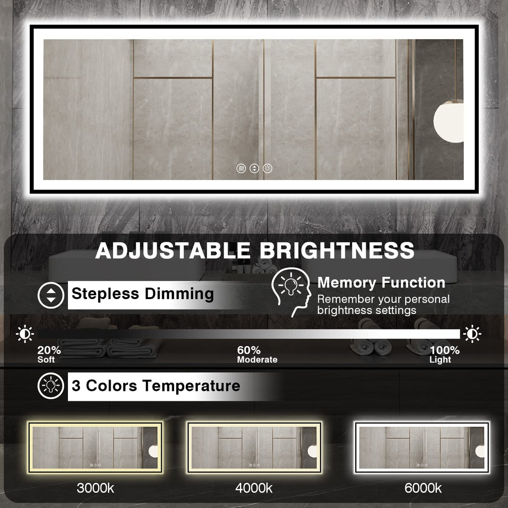 84x32 Large LED Bathroom Mirror - Black Aluminum Framed