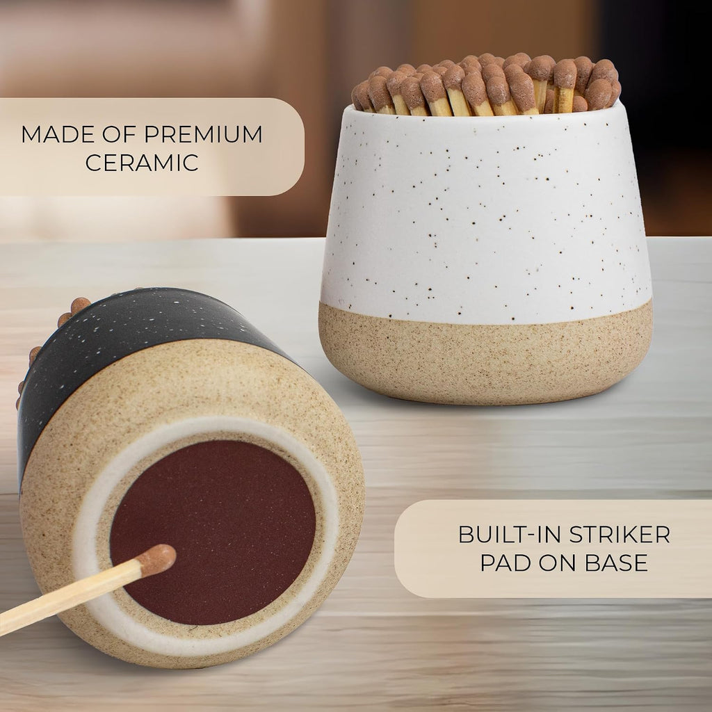 Decorative Ceramic Match Holder with Wooden Tray with Striker - Set of 2