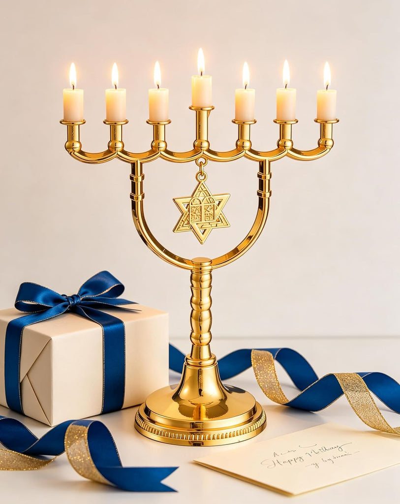 Gold 7 Branch Hanukkah Menorahs Candle Holder with Traditional Star