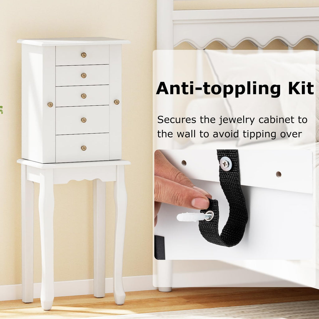 Standing Jewelry Cabinet Armoire with Top Flip Mirror, Jewelry Box Chest with 4 Drawers, Top Compartments, 8 Necklace