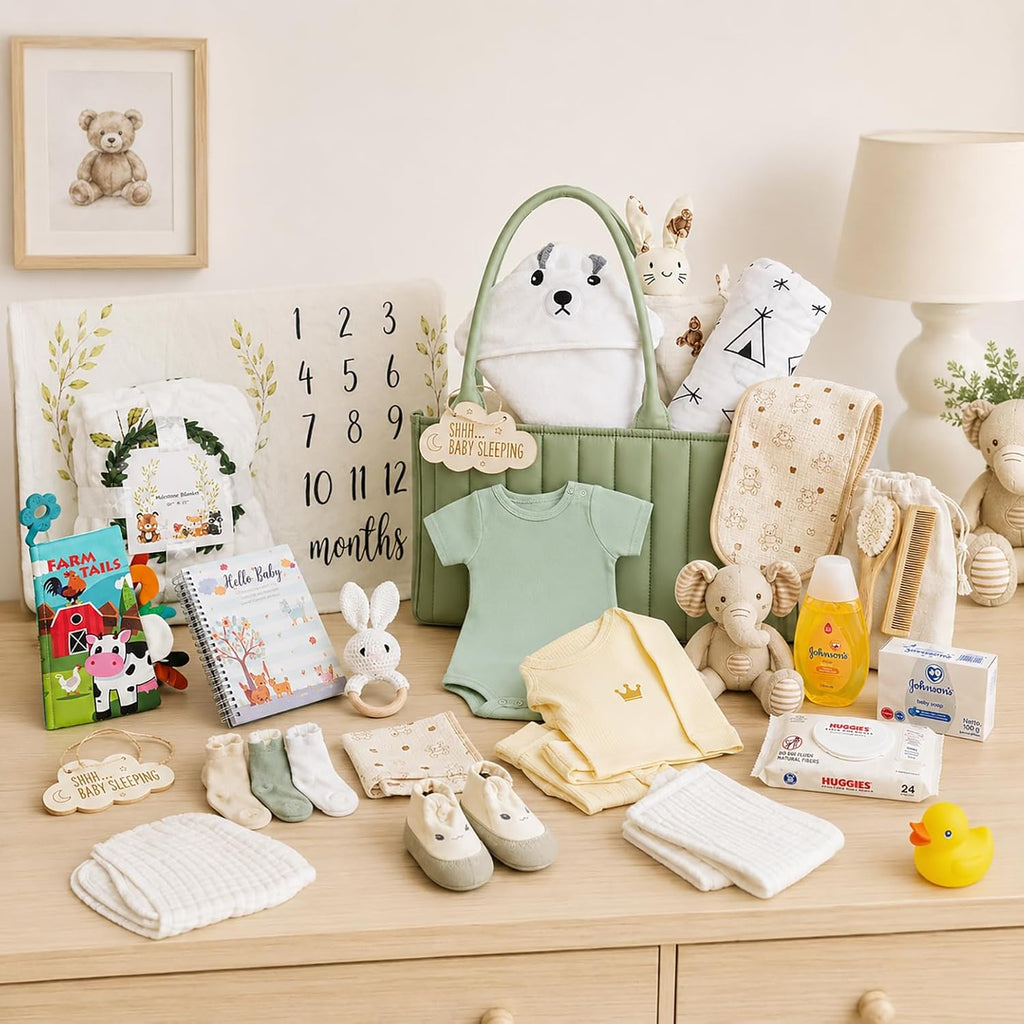 Baby Gift Basket for Newborn Boy or Girl (Green) Essentials Gift Set with Diaper Caddy Organizer, Milestone Blanket