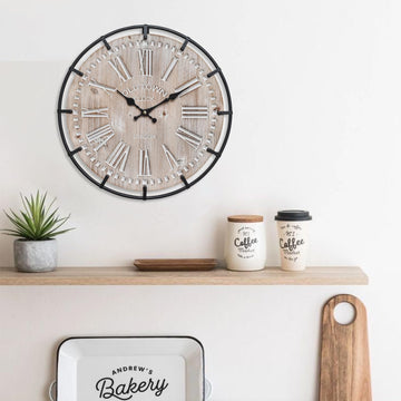 12 Inch Farmhouse Wall Clock Rustic Antique Wood with Metal Circle and Large Engraved Numerals, Silent Battery