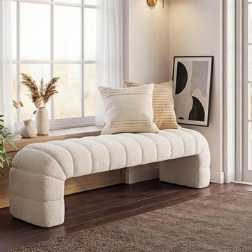 Arched Channel Tufted Chenille Bench, Ivory, 69.7 in | End of Bed Bench for King Size, Modern Upholstered Armless Bed