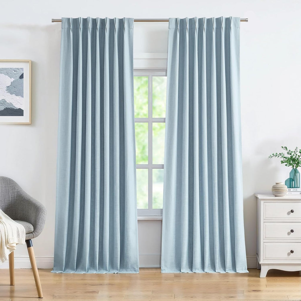 Dusty Blue Pinch Pleated Full Blackout Curtains Linen Texture Thermal Insulated Window Treatment Panel 84 Inch for