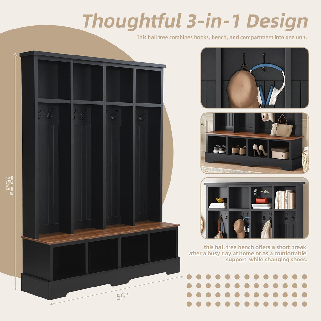 Hall Tree with Shoe Storage and Bench, Farmhouse Storage Organizer, Modern 3-in-1 Entryway Bench with Shoe Rack &