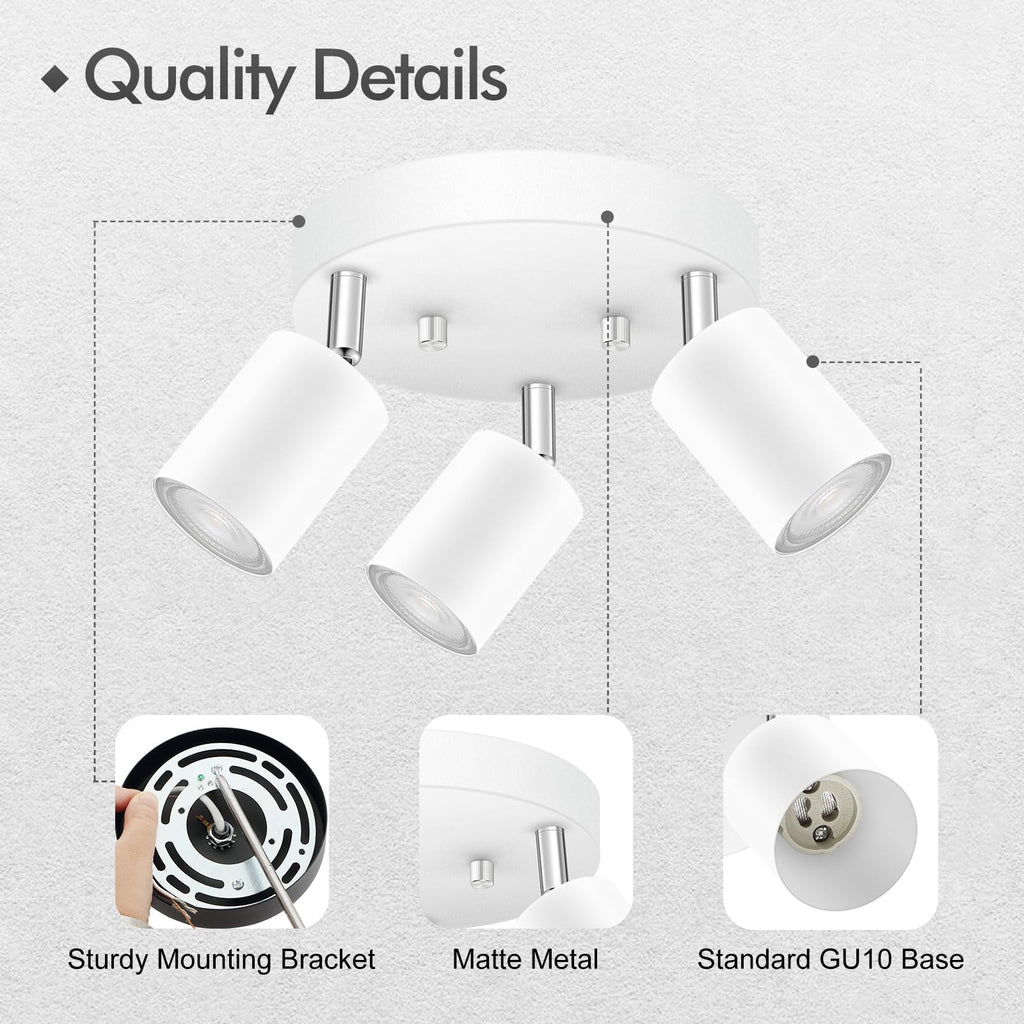 3 Light Track Lighting Fixtures Ceiling, Matte White Round Directional Ceiling Spotlight, GU10 Flush Mount Track