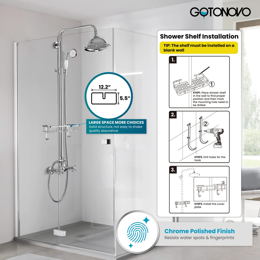 Exposed Shower System 8'' Head Polished Chrome, Shower Shelf
