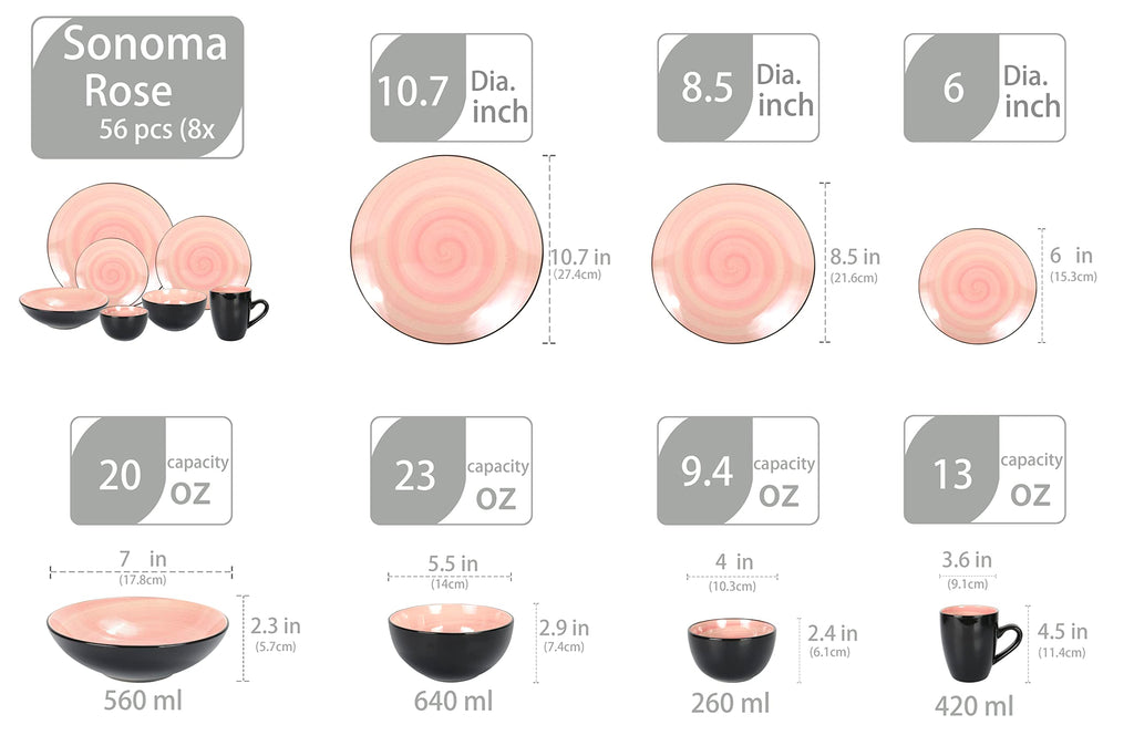 Stoneware Sonoma Dinnerware Set, Black + Speckled Spin Wash (56pc Set, Mix Cobalt, Mocha, Rose, Spice)