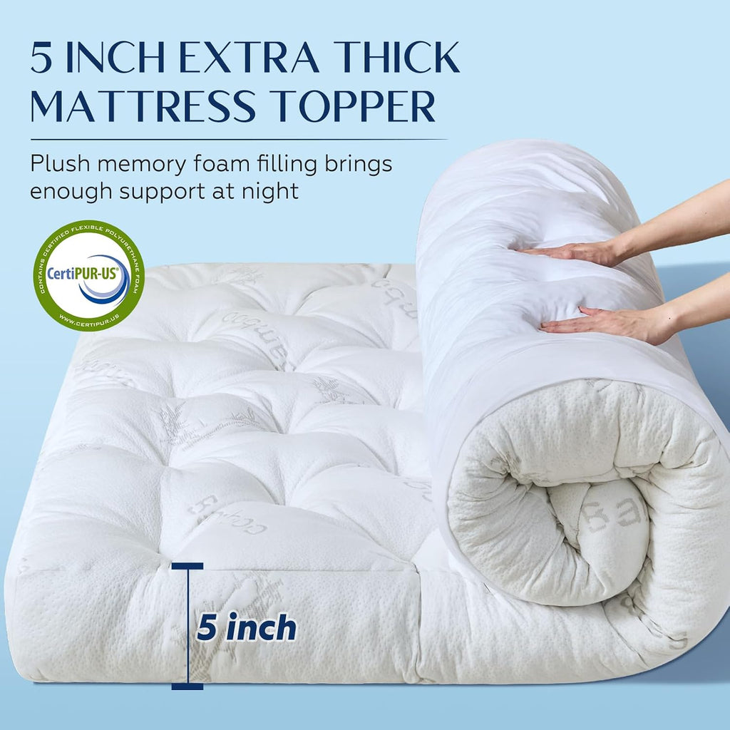5 Inch Cooling Bamboo Viscose Mattress Topper Queen Size,60x80 in,2000 GSM | Queen Bamboo Mattress Pad Cover,Gel