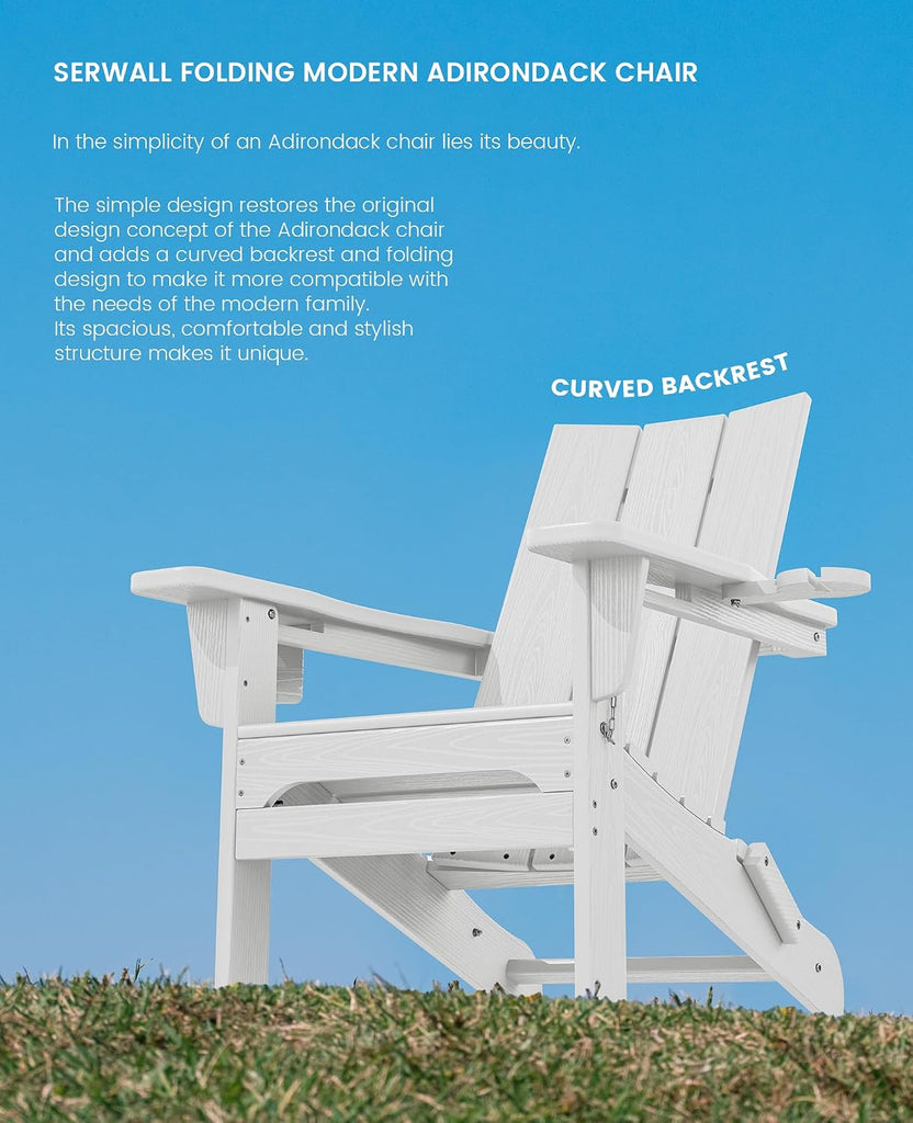 Modern Folding Adirondack Chairs Set of 2, HDPE, Cup Holders, White | Outdoor All-Weather Lawn Adirondack Chairs Wood