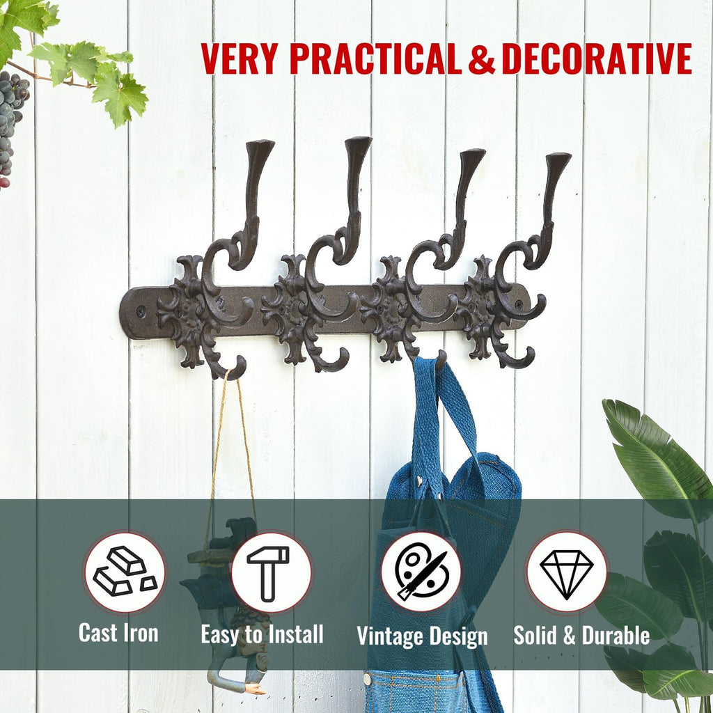 Vintage Cast Iron Wall Hook Rack - Ornate 4-Hooks Coat and Hat Organizer - Heavy Duty Decorative Hanger , or Mudroom
