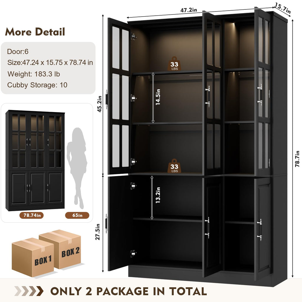 78.7" Kitchen Pantry Storage Cabinet with LED Lights, Tall Pantry Cabinet with Glass Doors, Kitchen Hutch Utility