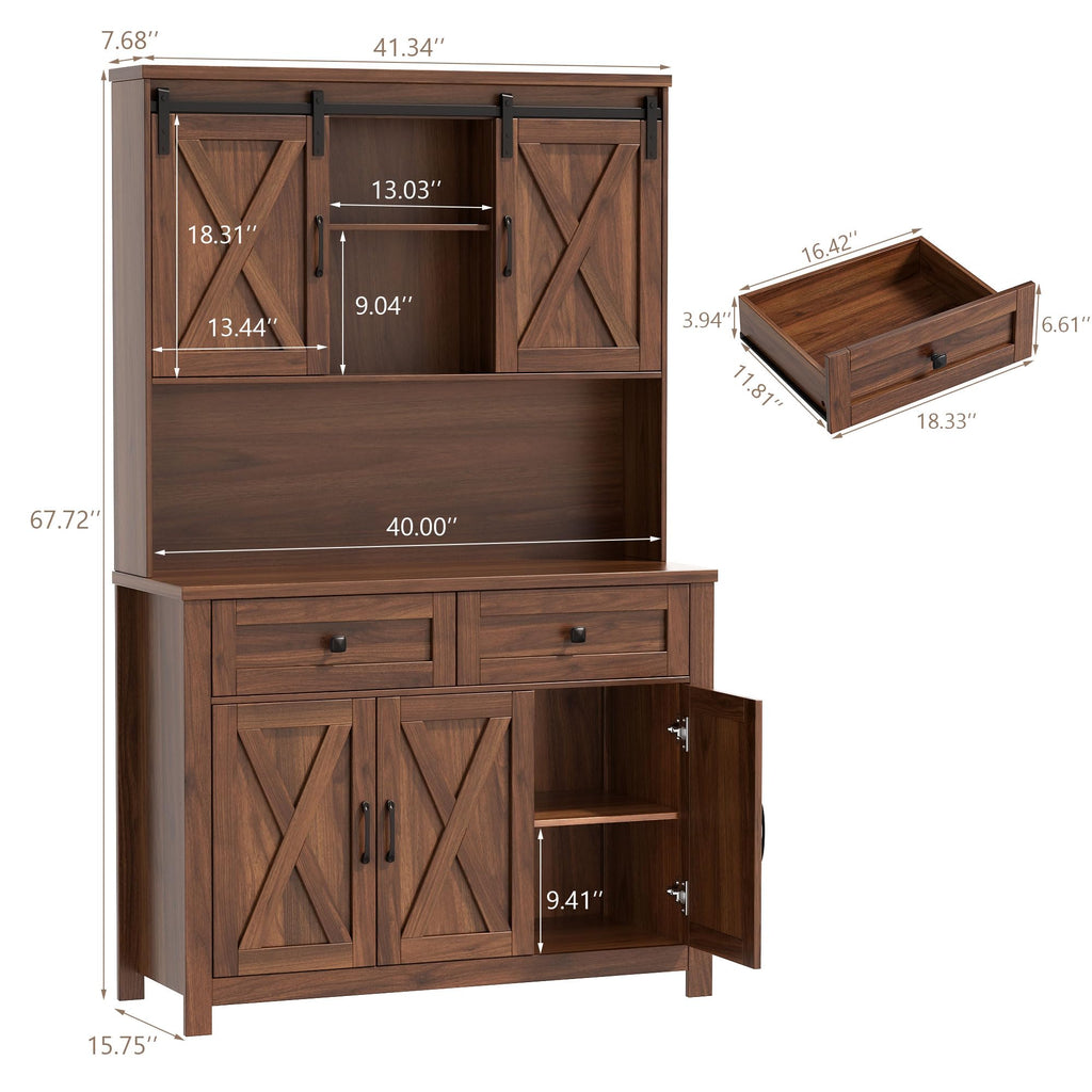 67.7" Pantry Storage Cabinet with 2 Drawers, Farmhouse Kitchen Hutch, Walnut