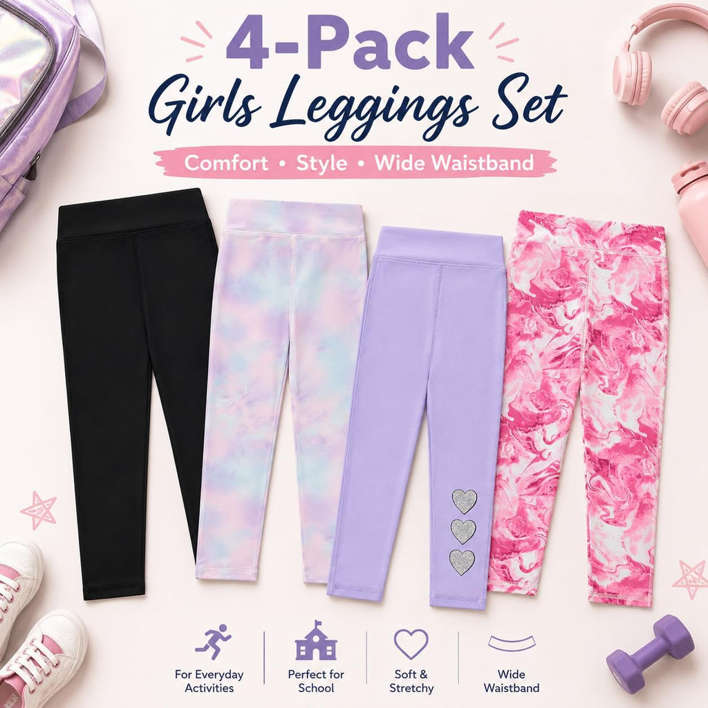 Girls 4 Pack Leggings Set, Exercise, Sports Tights with Wide Waistband for Girls