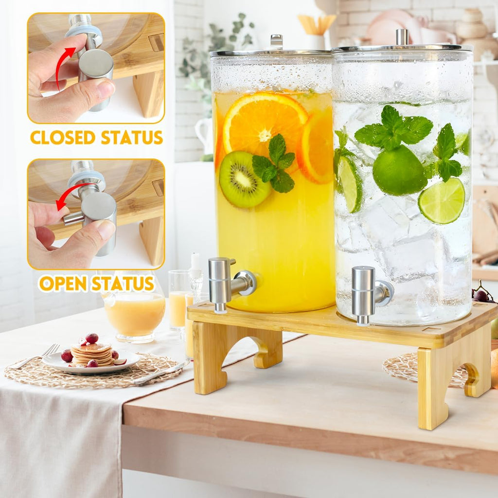 1.5 Gallon Drink dispenser with Stand, With Wood Stand, 18/8 Stainless Steel Spigot and Labels Large Water - Set of 2