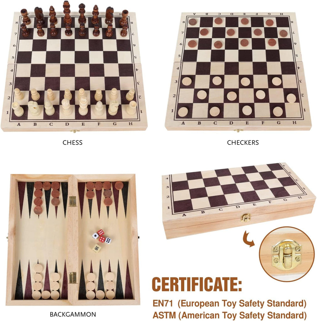 Wooden Chess, Checker, and Backgammon 3 in 1 Board Game Set,Classic Traditional Travel Night Toy and Game Gift Set