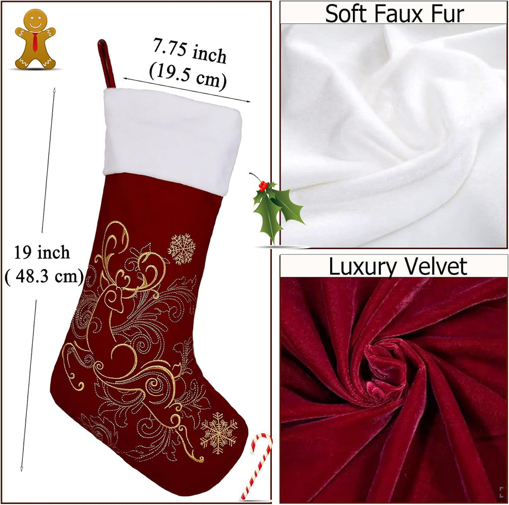 Velvet Christmas Stockings 6 Pack Large 20 Inches with Hanging Loop Embroidery Classic Luxury Family Ornament