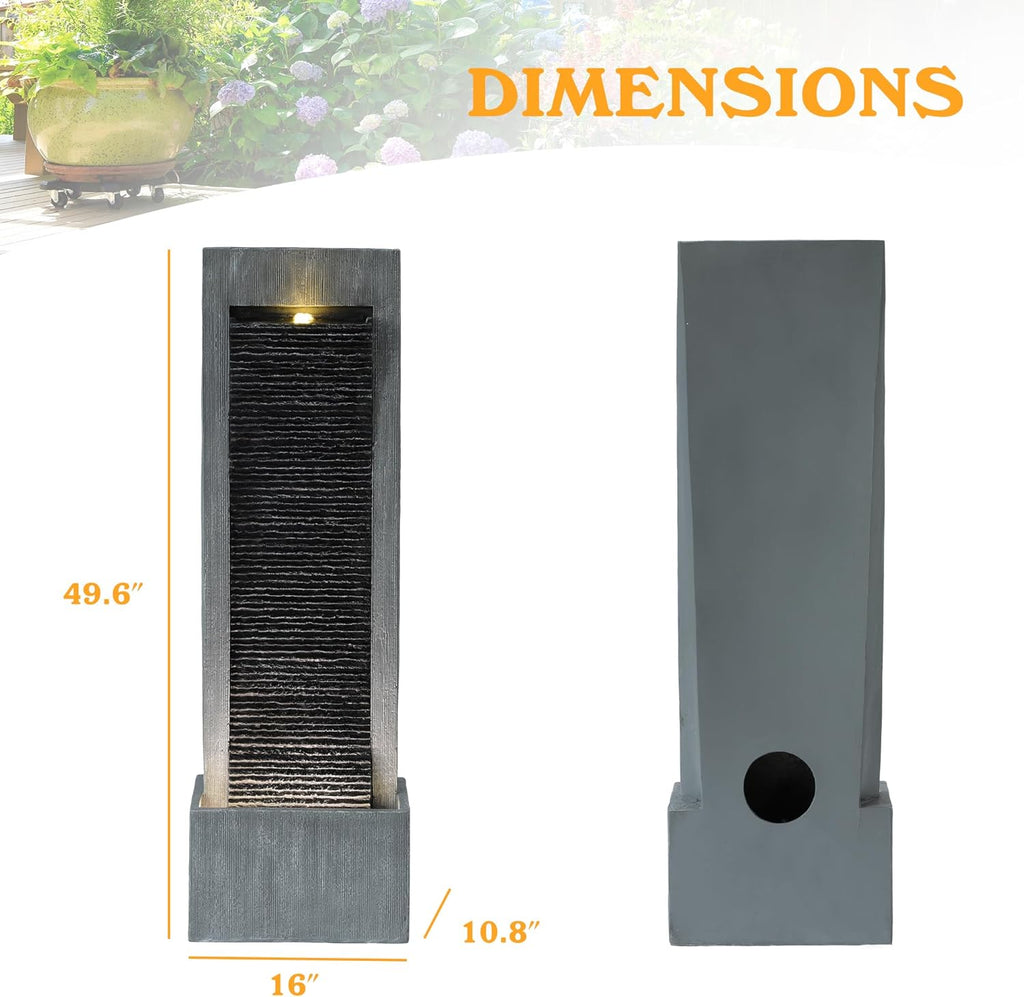 49.6" H Modern Curved Faux Slate Waterfall Fountain, Outdoor Freestanding Fountains with LED Lights and Pump