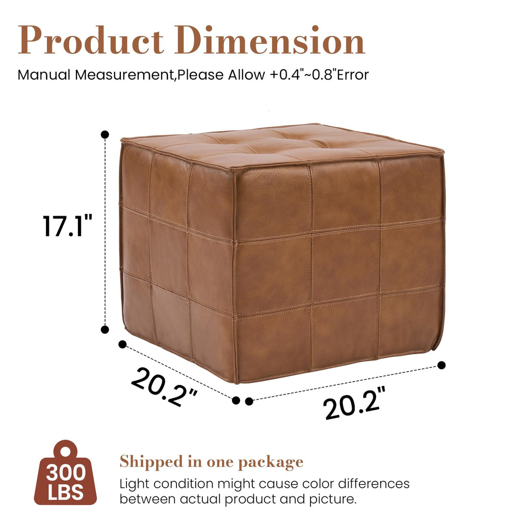 Square Genuine Leather Pouf Ottoman, No-Assembly Modern Footrest (Tan)