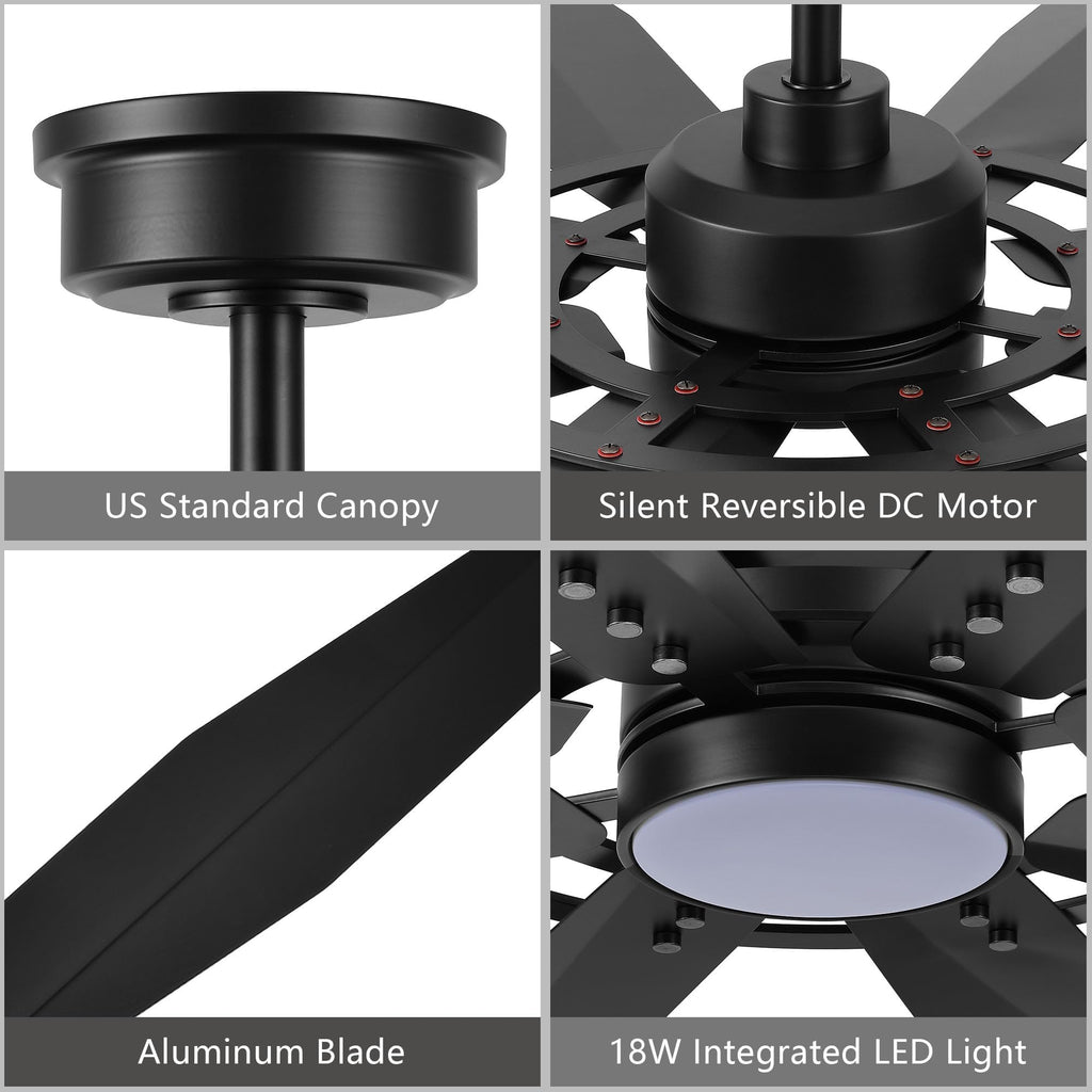 72 inch Large Ceiling Fan with Light & Remote Control, Aluminum 8-Blades Modern Industrial Ceiling Fan, Reversible