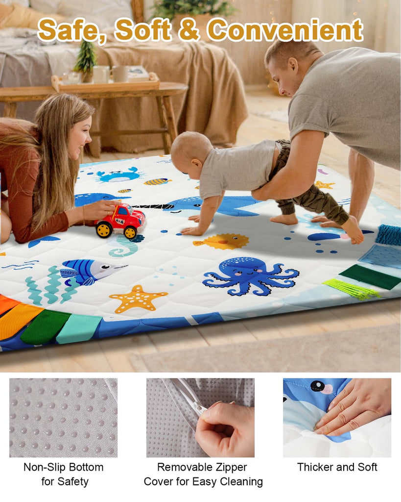 Premium Foam Baby Play Mat 50x50, 4 Developmental Zones Play Mat with Removable & Machine Washable Cover, Extra Thick