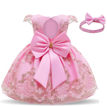 Baby Girls Formal Dress Bowknot Baptism Embroidery Tutu Dress with Headwear Pink 2(with Headwear)