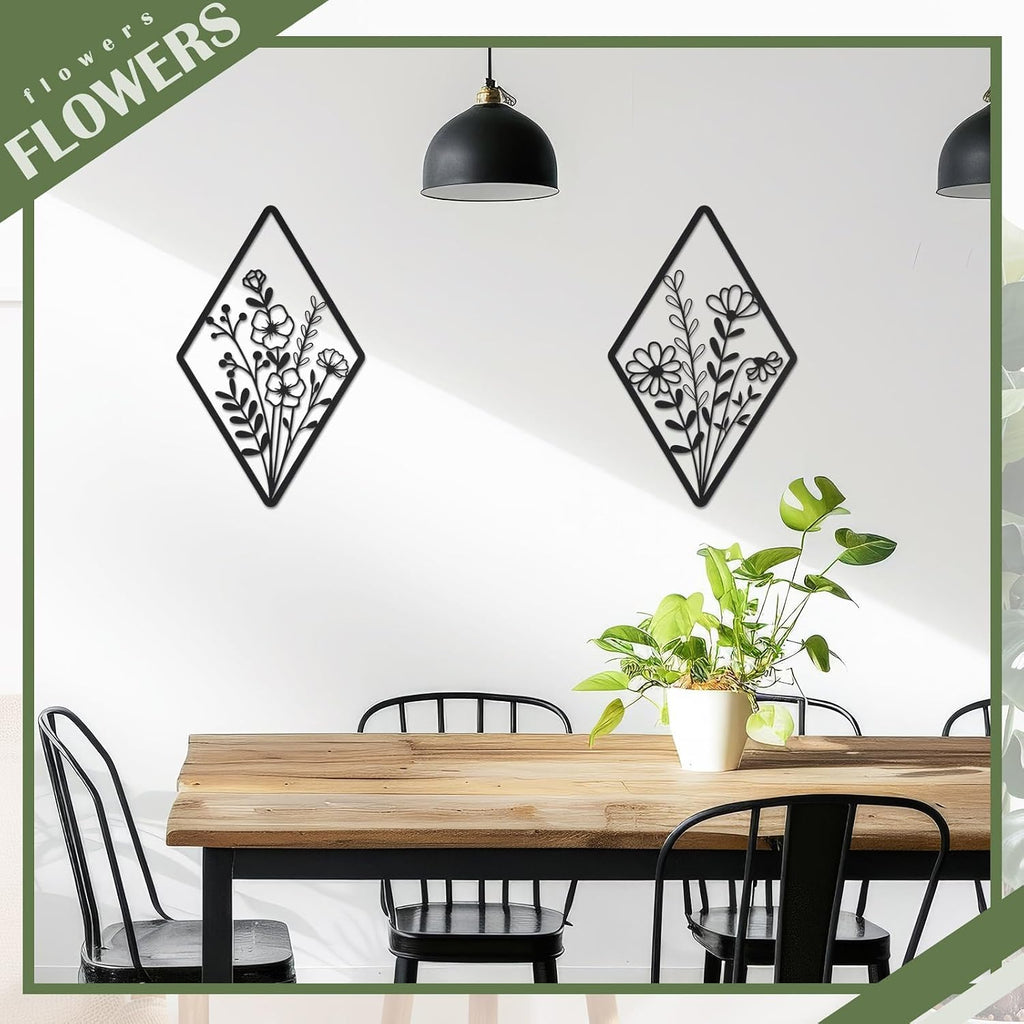 Metal Wall Art, Metal Flower Wall Decor, Black - Set of 2