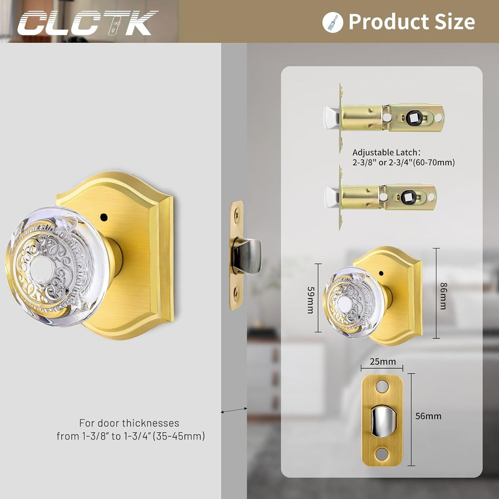 Crystal Glass Door Knob Interior with Lock, Privacy Gold Door Knob Bathroom, Satin Brass