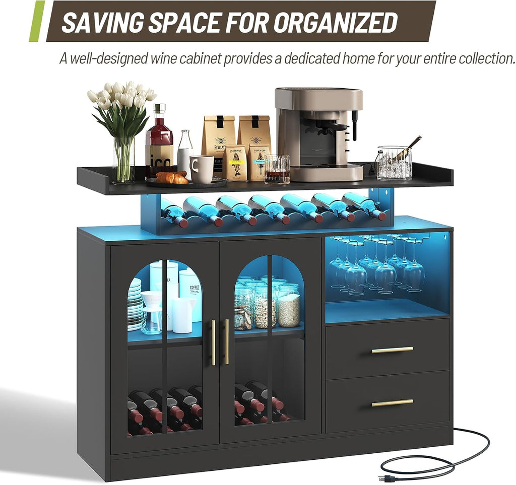 Wine Bar Cabinet with LED Lights & Charging, Modern Liquor Cabinets with 2 Ample Storage Drawers, Wine and Glass
