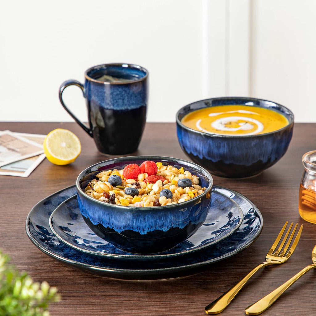 Starry 16 Pcs Dinnerware Set for 4, Handmade Reactive Glaze, Blue