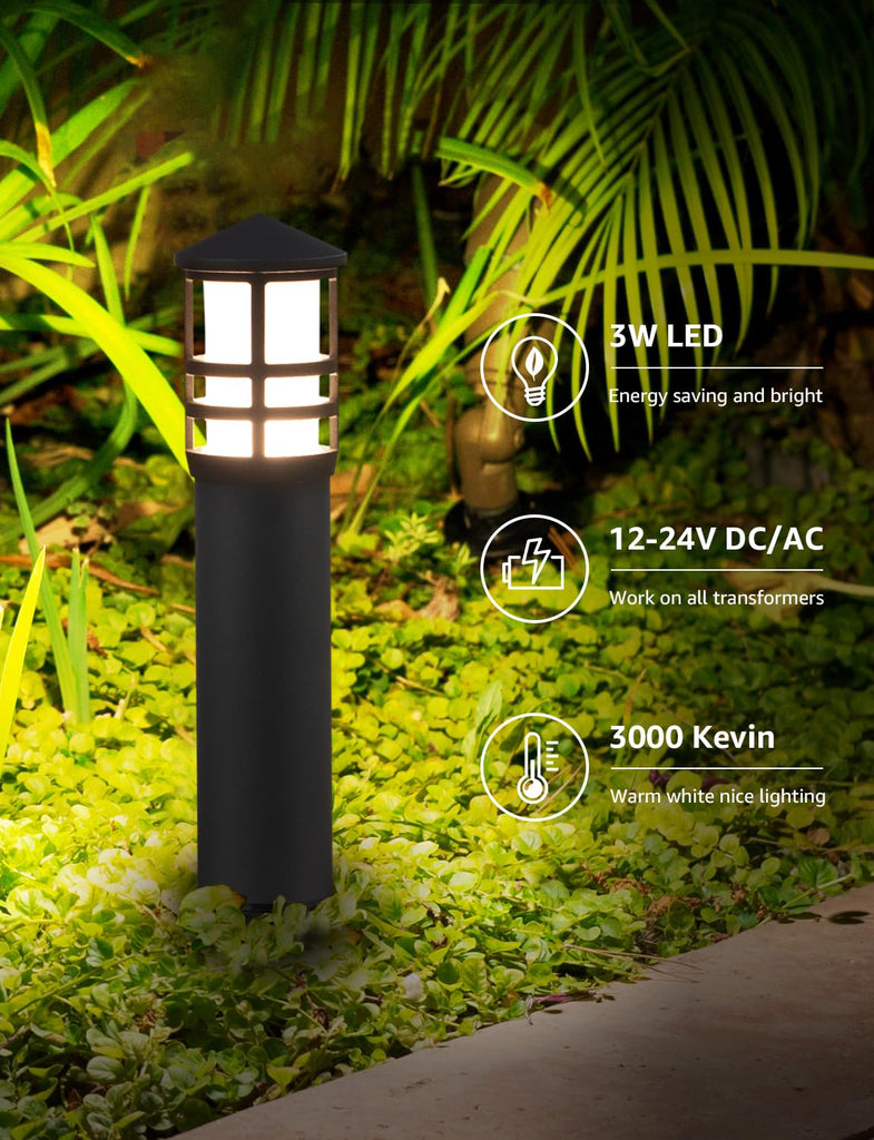 3W LED Low Voltage Bollard Landscape Pathway Lights, Black