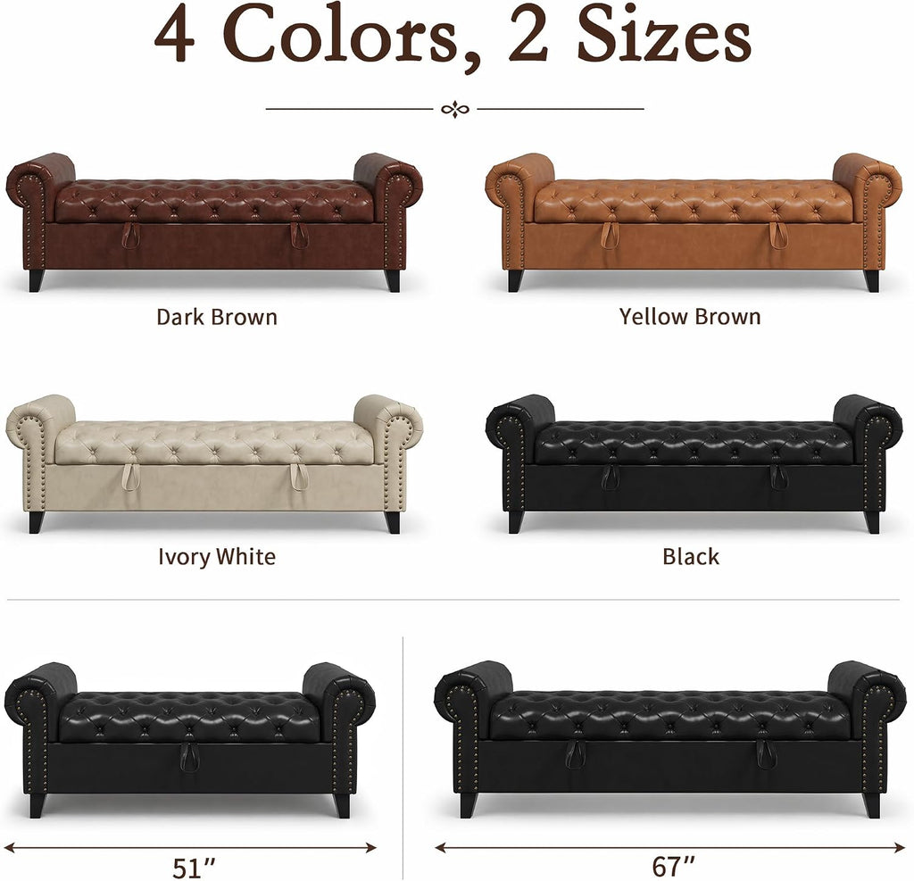 67 Inch Faux Leather Storage Bench with Rolled Arms, Chesterfield Tufted Ottoman Bench with Nailhead Trim