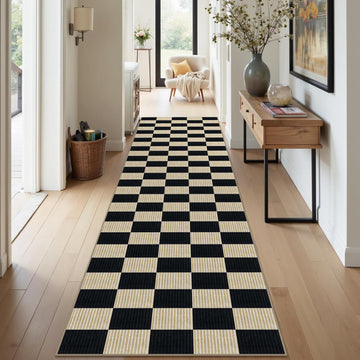 Black and Beige Checkered Runner Rug, 2.6x8 Washable Rug Runners s Non-Slip, Ultra Soft Low Pile Modern Kitchen
