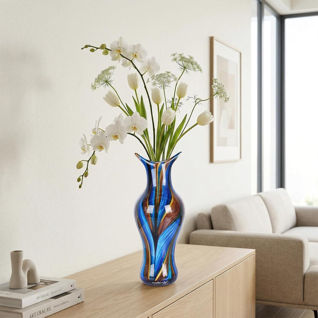 Hand Blown Glass Vase for Flowers, Murano Style Swirl Art Decorative Glass Vases Decor, Wedding Table Centerpiece