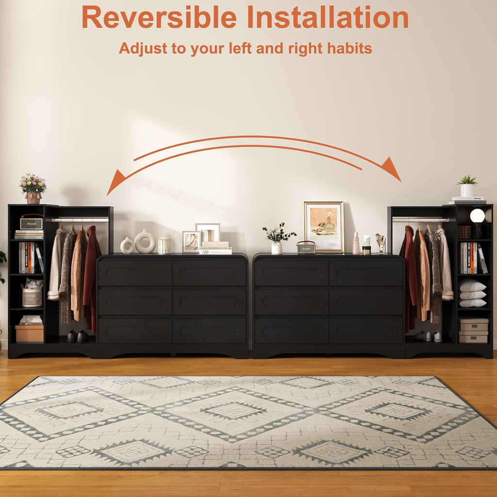Dresser with Clothes Hanging Rack, Wardrobe Closet w/ 6 Drawers and Shelves | Pre-Installed Slides for Fast