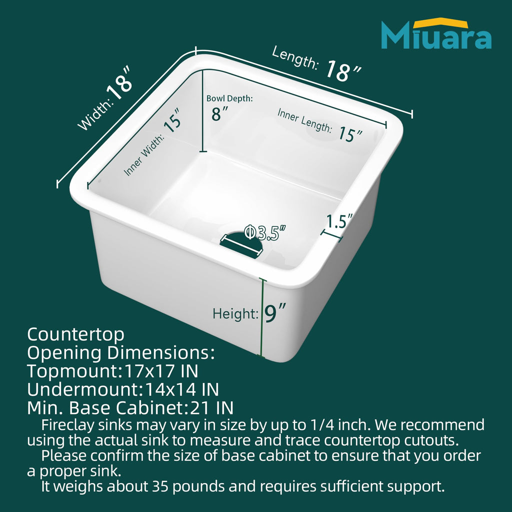 18 x 18 Inch Undermount or Drop In Fireclay Bar Sink White