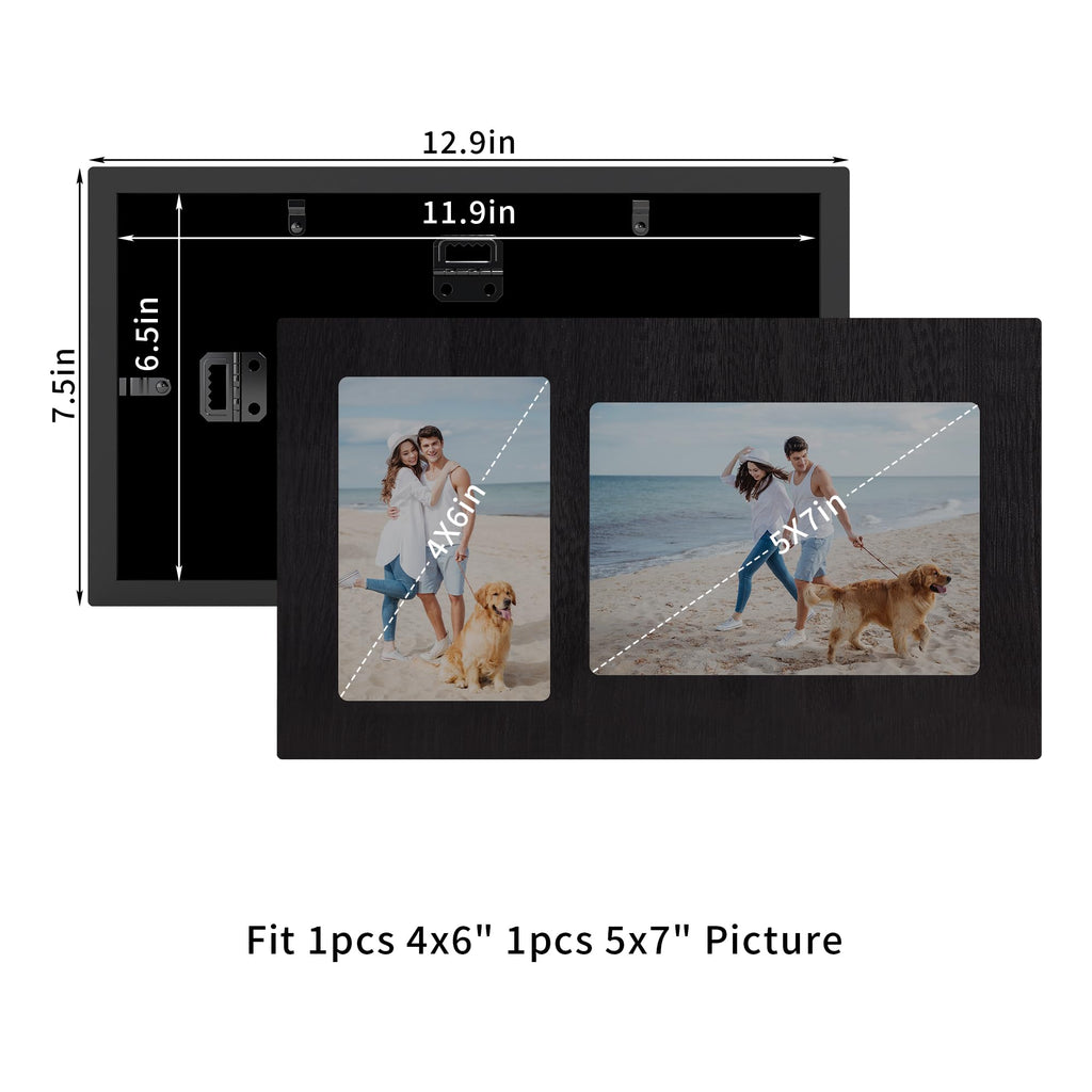 4x6 and 5x7 Collage Picture Frame - 2 Opening Picture Frames Rustic Black Wood Frame with Real Glass, Display 4 by 6