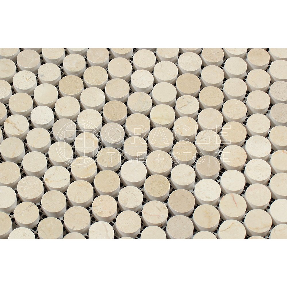 Crema Marfil Spanish Marble Penny Round Mosaic Tile, Polished